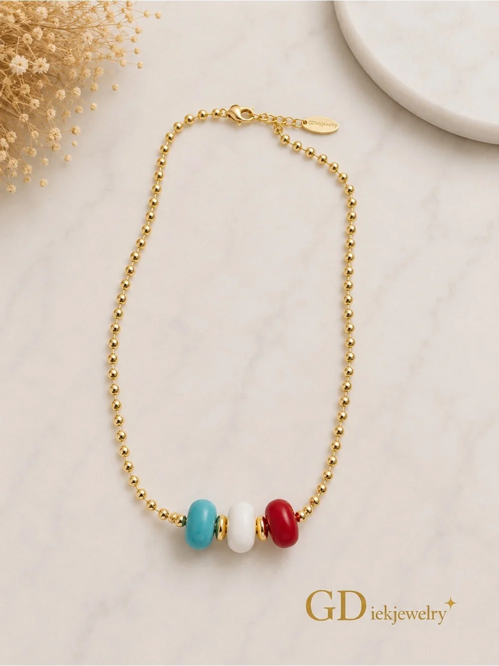 Goldfilled  Beaded Necklace with Turquoise White and Red Glass Beads
